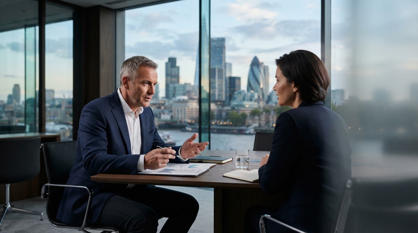Pembricault executive reviewing AI-driven portfolio risk dashboards
